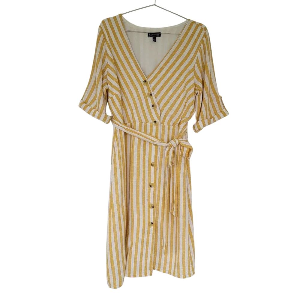 Luxology Striped Midi Dress Yellow White Linen Blend Women Size L Faux Wrap